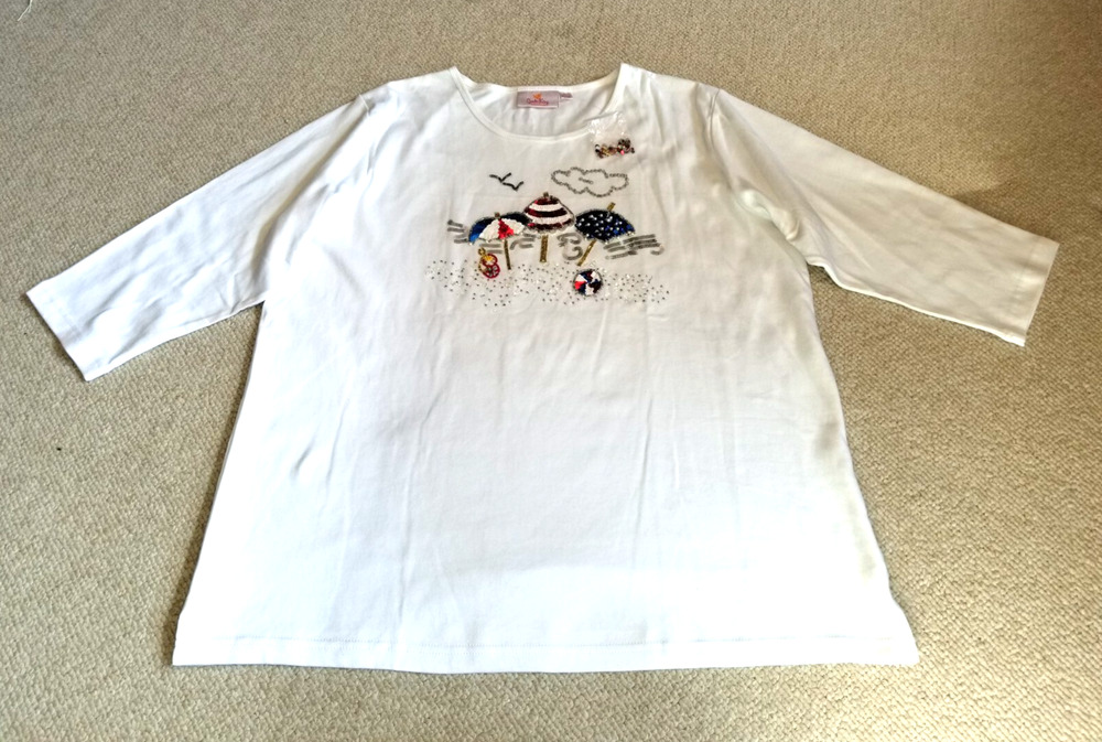 NWOT Womens Top-QUACKER FACTORY-white knit Patriotic beach beaded knit tunic-XL